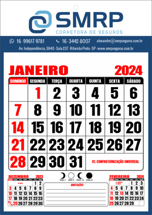 Calendário Folhinha de Parede 2024 Off Set 240g 20x29cm    Bloco com 12 meses - Off Set 75g