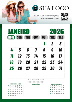 Calendário Folhinha de Parede 2026 com Bloco Duplex 300g 20x29cm    Bloco com 12 meses - Off Set 75g