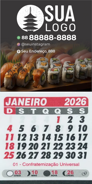 Pack com 20 Imã de Geladeira Imã Total 5x5cm 4x0 Laminação Jateada Corte Reto com Calendário 2026